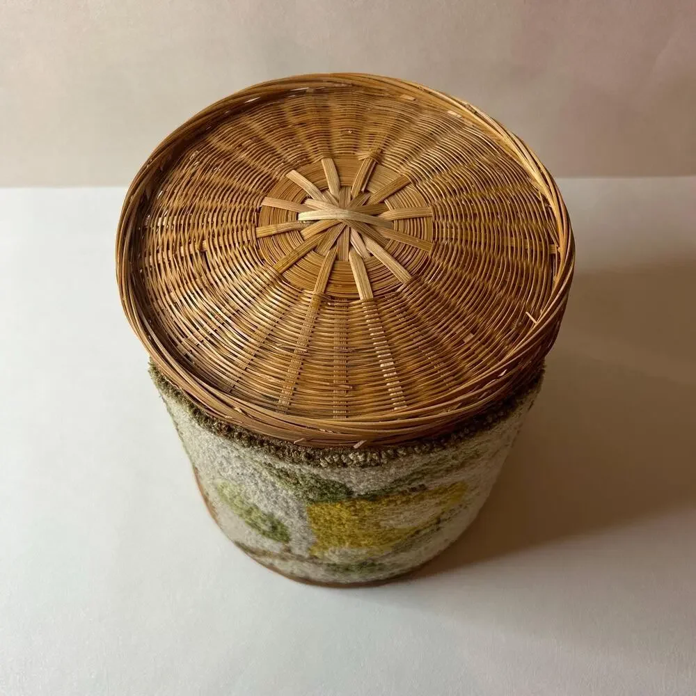 Vintage Boho Woven Rattan Wastebasket Needlepoint Pear Basket